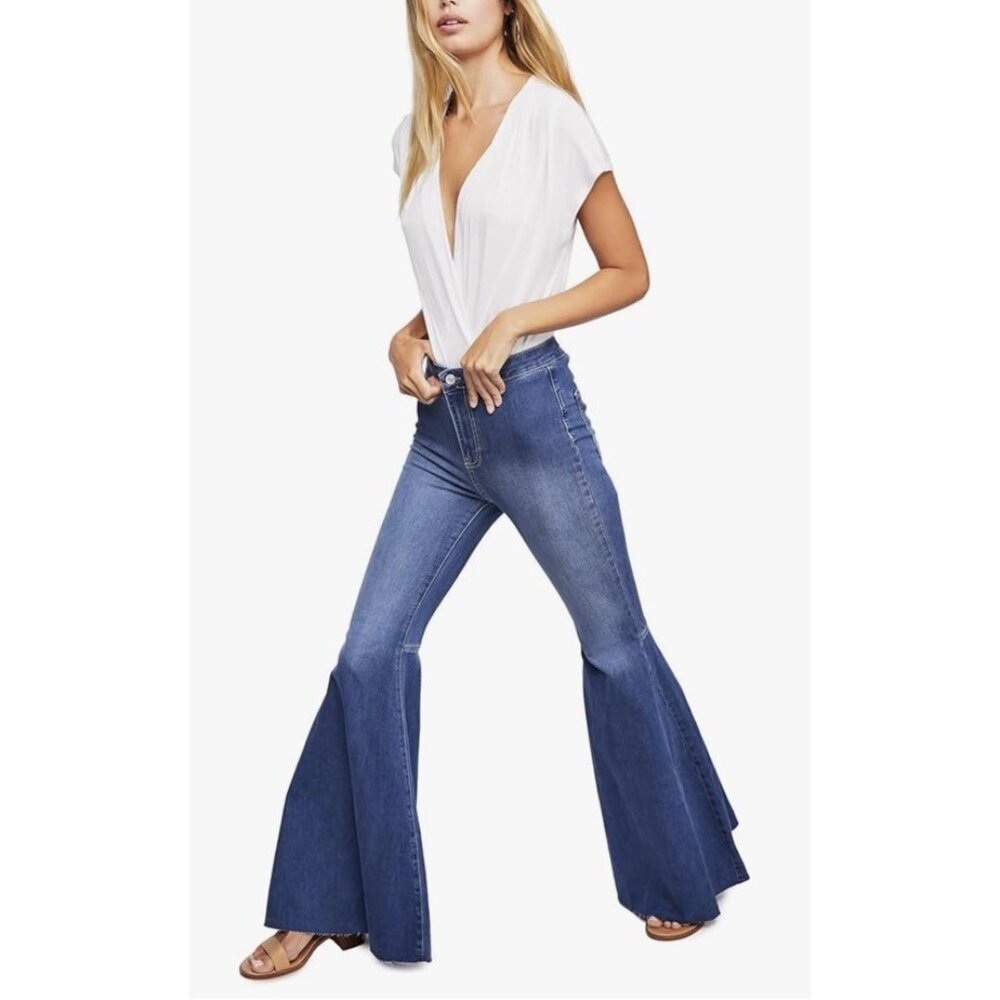 NEW Free People Sz 28 (32"L) Just Float On Flare Jeans Jericho Blue High Rise
